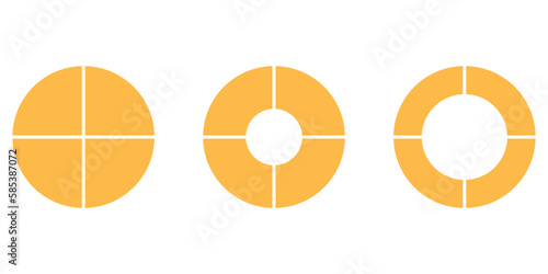 Set of four parts of circle. Pie chart with four same size sectors. Vector illustration isolated on white background.