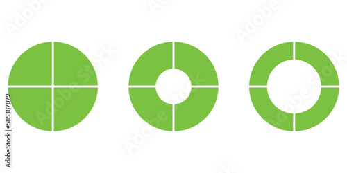 Set of four parts of circle. Pie chart with four same size sectors. Vector illustration isolated on white background.