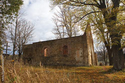 Fototapeta Naklejka Na Ścianę i Meble -  Ruins of orthodox church in Krywe - former and abandoned village in Bieszczady Mountains, Poland