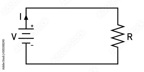 Ohm's law diagram. Battery and resistor circuit. Vector illustration isolated on white background.