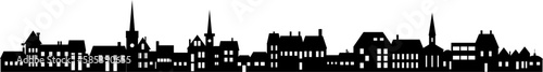 Town skyline silhouette. Small city houses, factory buildings, old church roofs, simple residental neighborhood vector flat scene.