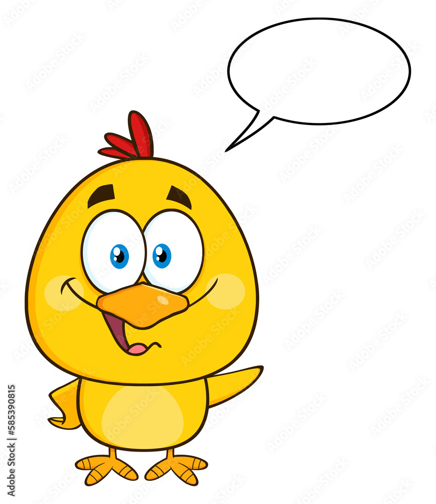 Obraz premium Cute Yellow Chick Cartoon Character Waving With Speech Bubble. Hand Drawn Illustration Isolated On Transparent Background