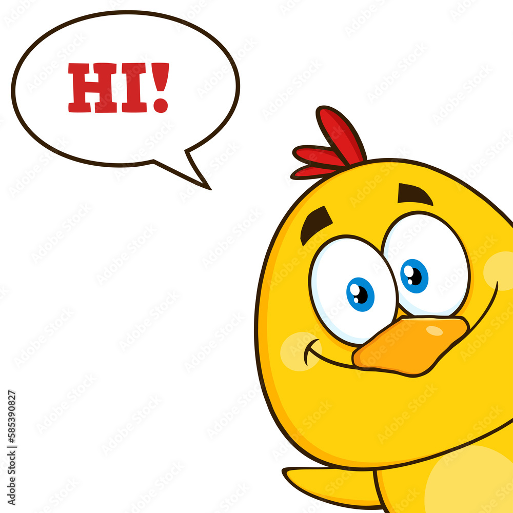 Smiling Yellow Chick Cartoon Character Peeking Around A Corner And Saying Hi. Hand Drawn Illustration Isolated On Transparent Background