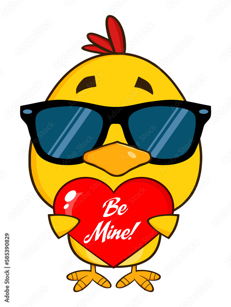 Fototapeta premium Cute Yellow Chick With Sunglasses Cartoon Character Holding A Be Mine Valentine Love Heart. Hand Drawn Illustration Isolated On Transparent Background