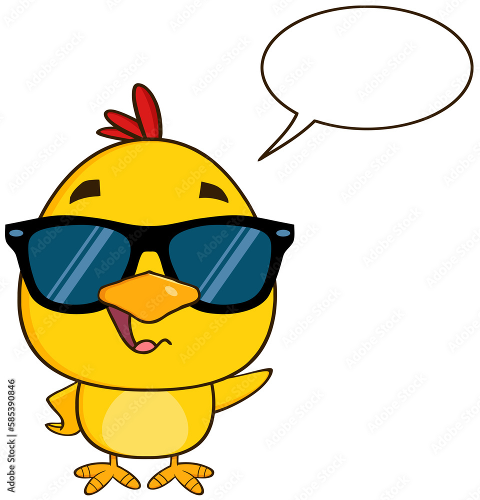 Cute Yellow Chick Cartoon Character Wearing Sunglasses, Talking And Waving. Hand Drawn Illustration Isolated On Transparent Background