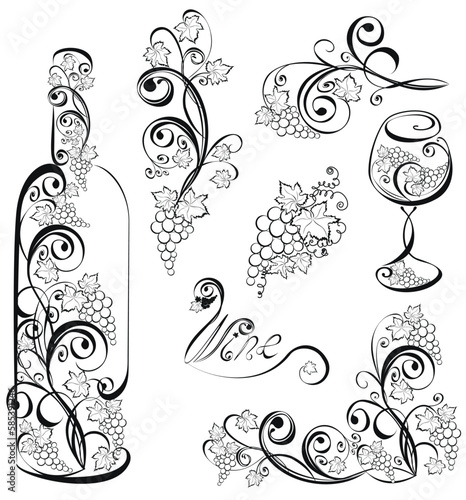 Wine bottle and wineglass with grapevines. Hand drawn Vector illustration grapes winery, vineyard design elements.