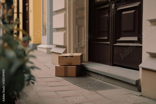 Delivery Box at Door. Business Online Shopping and Parcel Delivery © Thares2020