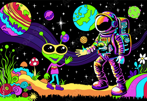 Meeting of astronaut and alien. Psychedelic landscape. Space exploring cartoon banner
