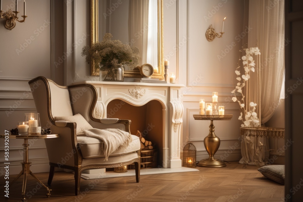 Classic beige soft chair closeup beside beautiful fireplace. Bust figure, metal candlestick with candles, and golden framed mirror in exquisite living room. Generative AI Classic beige soft chair closeup beside beautiful fireplace. Bust figure, metal candlestick with candles, and golden framed mirror in exquisite living room. Generative AI