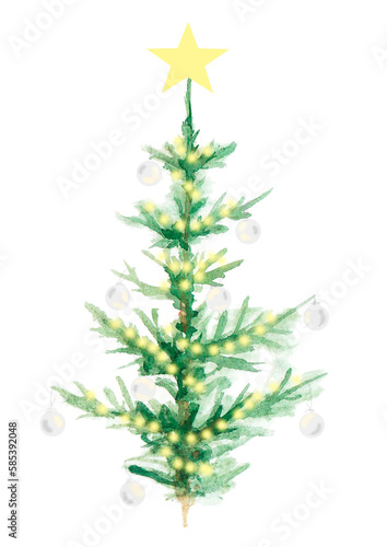 Watercolor Christmas tree with star, lights and balls