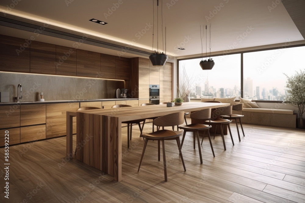 Contemporary brown wood kitchen, dining area. Dining table and chairs. Parquet. illustration. Generative AI