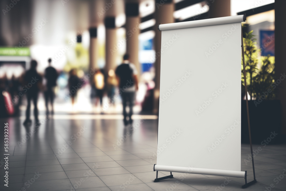 Blank roll up empty banner without alphabet design mockup, background blurred public place. Blank roll up empty banner without alphabet design mockup, background blurred public place.