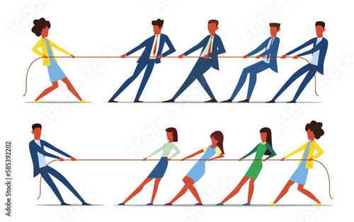 Businesswoman competes in tug of war with group of male coworkers, businessman in competition with group of women. Male against female, conflict on work. Cartoon flat characters. Vector set