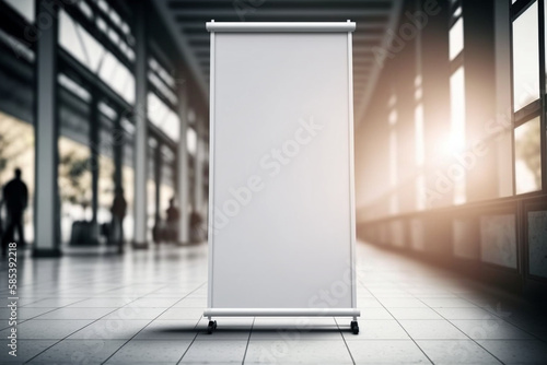 Blank roll up empty banner without alphabet design mockup, background blurred public place.