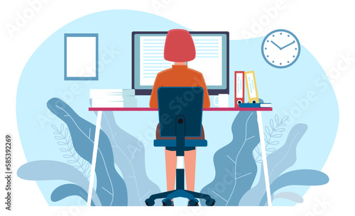 Businesswoman working on computer in office. Woman sitting at desk. Employee or freelancer. Corporate worker workplace. People back view. Cartoon flat style character. Vector business concept