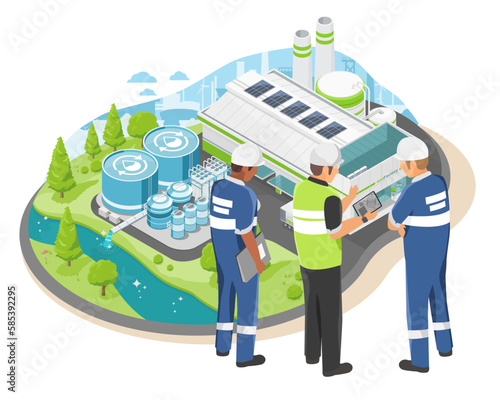 Industrial Engineer management plan Wastewater Treatment process in factory plant ecology sewage treatment for save world ecology and low emission zone concept cartoon symbols  isometric vector