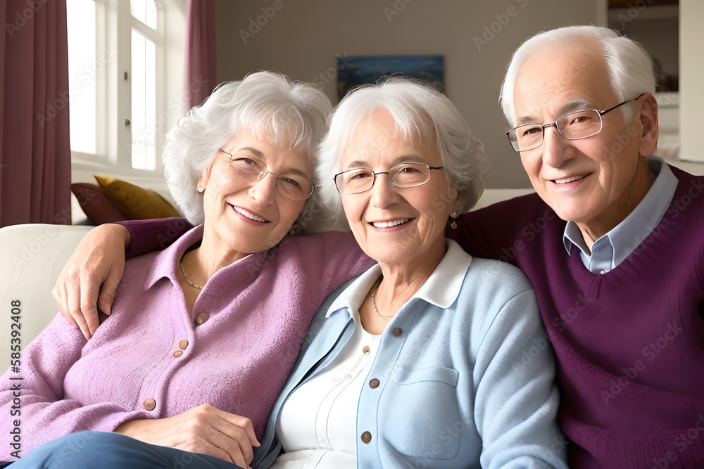 Portrait of a happy elderly couple in a modern living room interior. Concept of active age. Generative AI Portrait of a happy elderly couple in a modern living room interior. Concept of active age. Generative AI