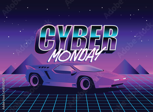 Cyber Monday Retro 80s sci-fi futuristic style background. Vector retro futuristic synth wave illustration