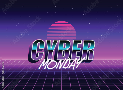 Cyber Monday Retro 80s sci-fi futuristic style background. Vector retro futuristic synth wave illustration