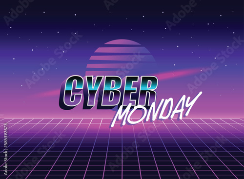 Cyber Monday Retro 80s sci-fi futuristic style background. Vector retro futuristic synth wave illustration
