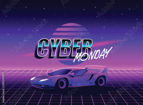 Cyber Monday Retro 80s sci-fi futuristic style background. Vector retro futuristic synth wave illustration