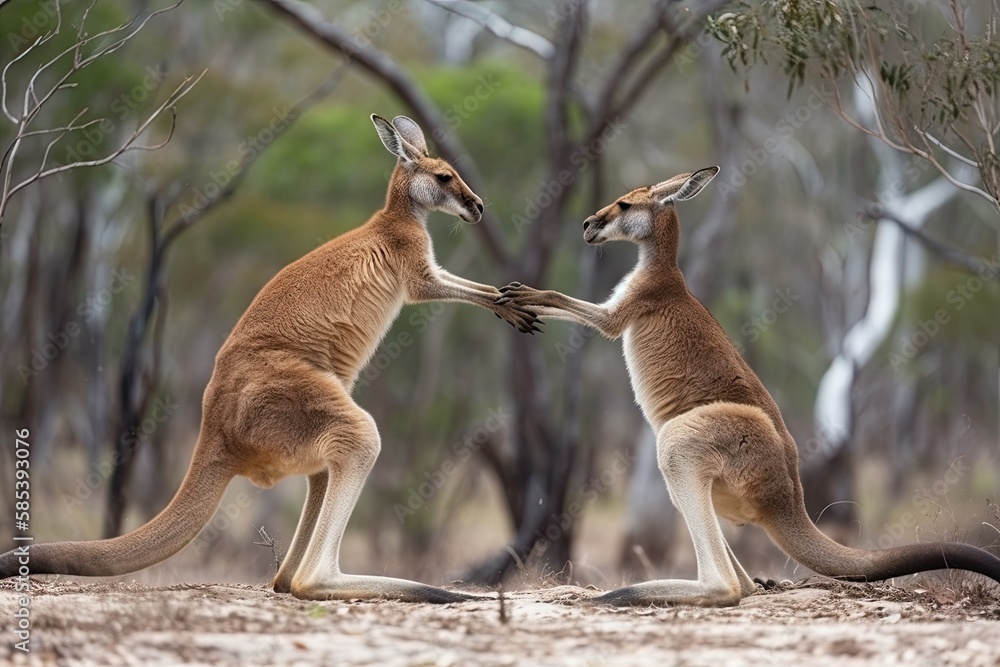 Picture of two kangaroos starting a fight in their natural habitat created with Generative AI technology. Picture of two kangaroos starting a fight in their natural habitat created with Generative AI technology.
