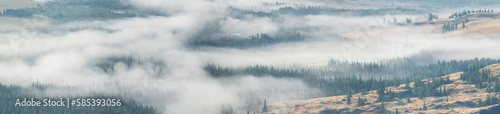 Fog in a mountain valley  panoramic view