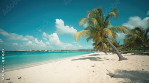 A beach with palm trees on it created with Generative AI technology. © mariokeeneye
