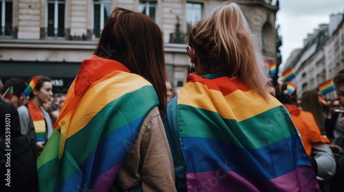 Rear view of two girls with the rainbow flag of the LGBT Community on their backs created with Generative AI technology.