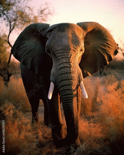 Frontal portrait of an African elephant with tusks at sunset in the Savannah created with Generative AI technology. © mariokeeneye