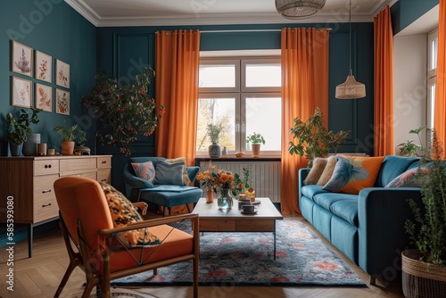 Bright and pleasant living room with blue curtains, orange cushioned couch, gray armchair, and wooden table with two coffee cups. Real picture. Generative AI