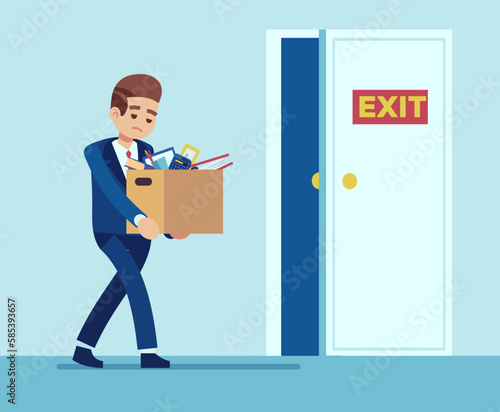 Fired worker leaves office with things in cardboard box. Sad jobless person, unemployment layoff people lost employment, career failure, economic crisis. Vector cartoon flat concept