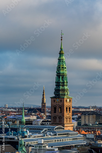 Elevated city perspective in cold windy day from the Round tower of Copenhagen, the capital of Denmark