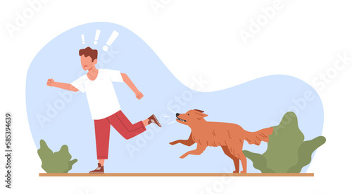 Little boy runs away from vicious and aggressive dog. Afraid child in dangerous situation. Terrified kid running, homeless animal attacking. Cartoon flat isolated illustration. Vector concept