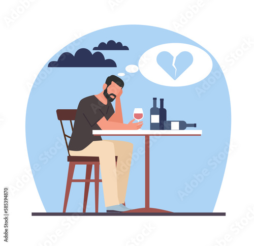 Man sits in bar drinking wine, young sad man, upset about breakup of relationship. Depression and loneliness, alcoholism disease. Alone boy drinks alcohol beverages. Cartoon flat vector concept