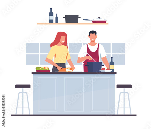 Married couple, man and woman cooking together in kitchen. Happy family ar home preparing food, fresh healthy ingredients. Cartoon flat husband and wife illustration. Vector concept