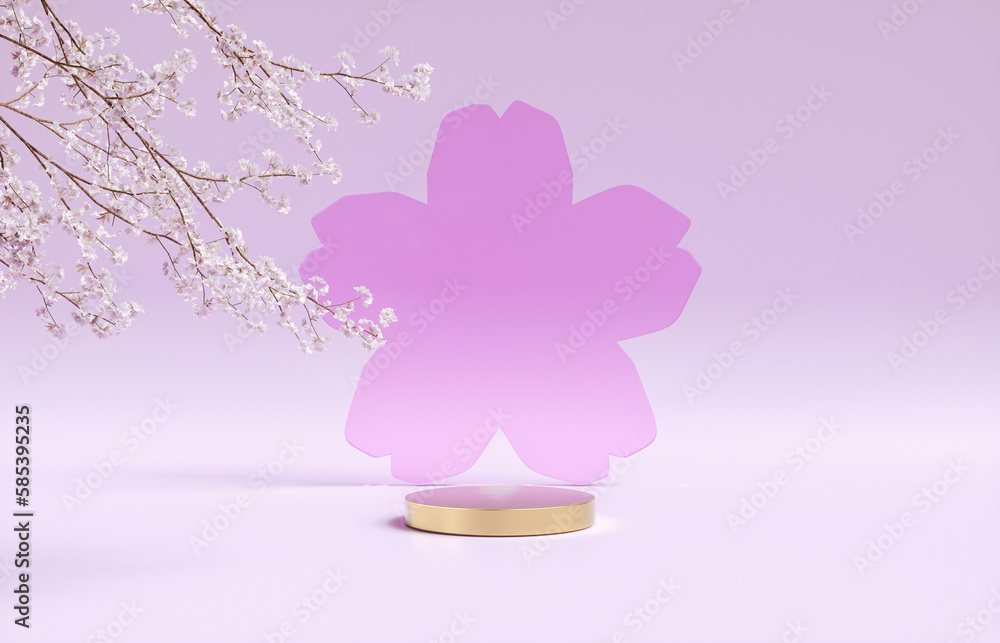 Fototapeta premium Natural beauty podium backdrop with spring sakura cherry blossom tree branch. 3d rendering.