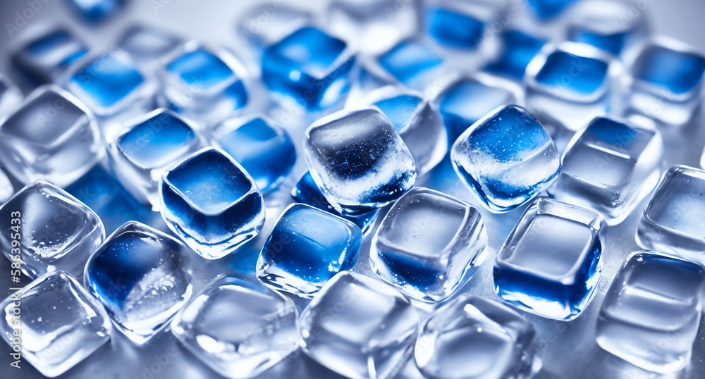 Ice cubes that have been colored blue. The ice cubes are transparent, which allows you to see their structure and texture Generative AI. Ice cubes that have been colored blue. The ice cubes are transparent, which allows you to see their structure and texture Generative AI.