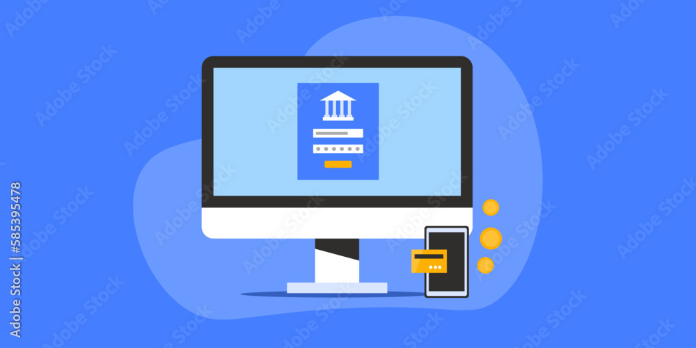Online banking financial technology secure login to banking details, mobile payment digital wallet app, vector illustration. Online banking financial technology secure login to banking details, mobile payment digital wallet app, vector illustration.