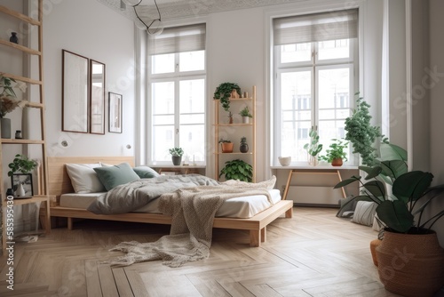 Modern room with comfy bed. Generative AI © AkuAku