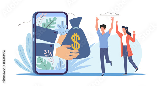 Online loan. Huge smartphone and happy man and woman. bad with money, prize or lottery gift, personal banking credit. Web payment app cartoon flat isolated illustration. Vector financial concept