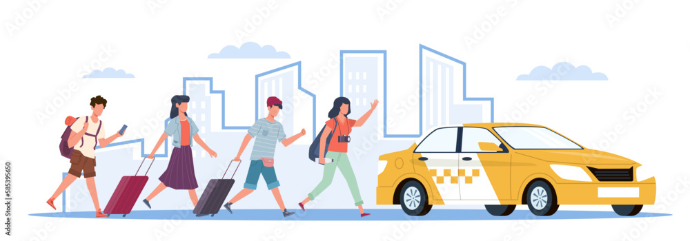 Fototapeta premium People men and women with luggage in hurry run to get cab. Taxi to airport. Yellow car, tourist late passengers. Vehicle stop. City traffic. Cartoon flat isolated illustration. Vector concept