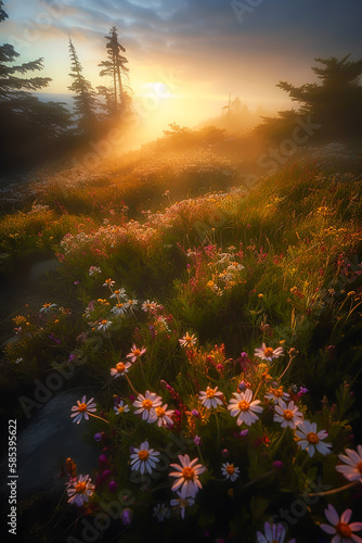 early spring sunset with small meadows flowers, generative ai