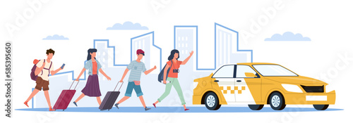 People men and women with luggage in hurry run to get cab. Taxi to airport. Yellow car, tourist late passengers. Vehicle stop. City traffic. Cartoon flat isolated illustration. Vector concept