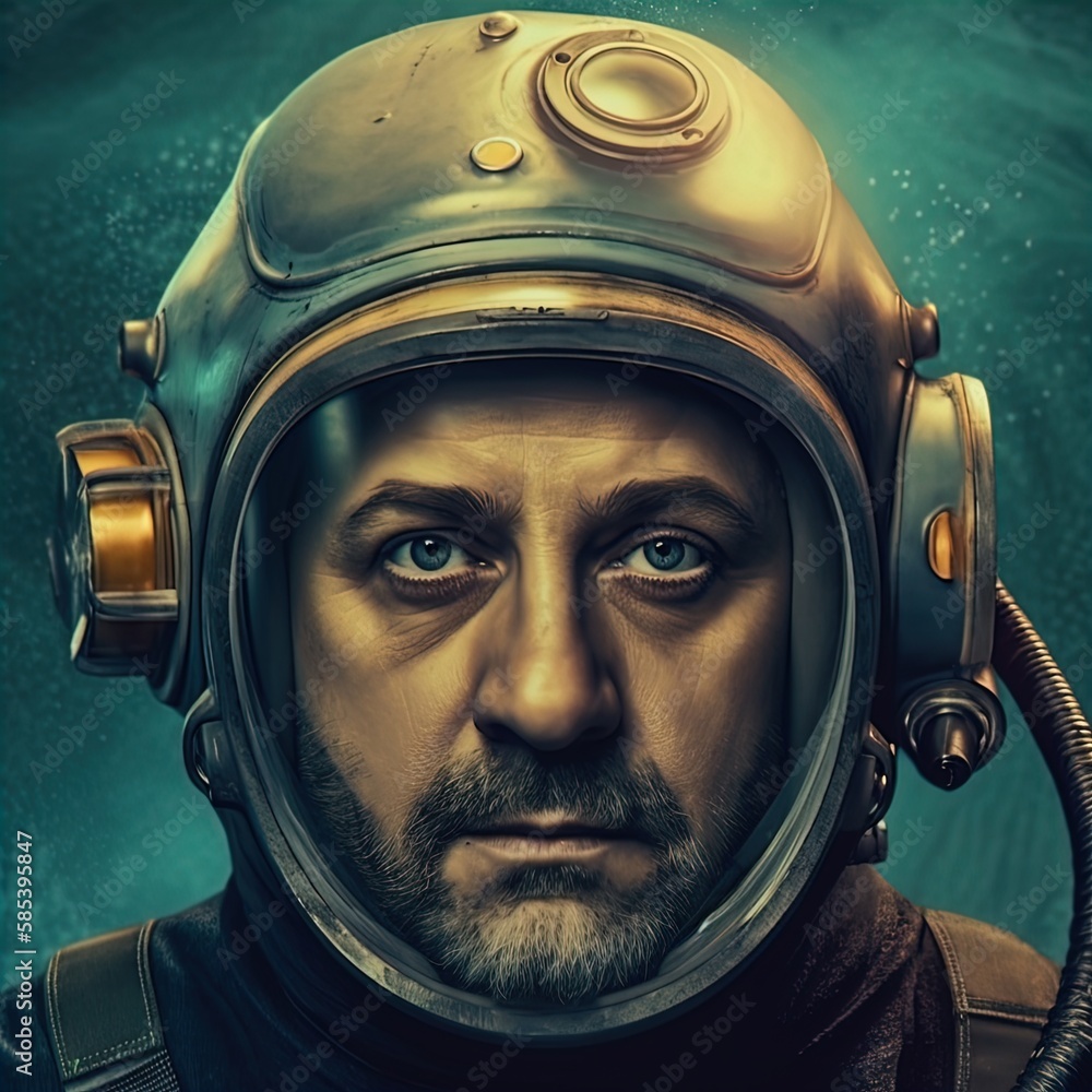Deep sea diver. Underwater scene. Scuba. Pressure suit. Stock