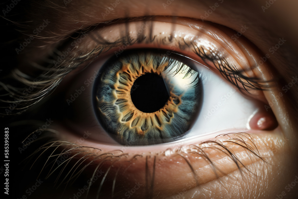 Macro caucasian human eye, iris pupil looking at camera. Vision optical concept. Generative AI