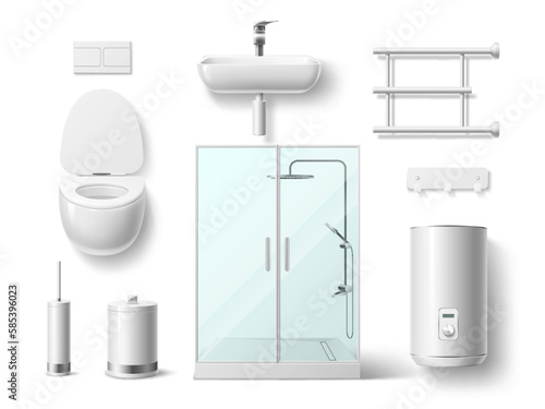 Realistic bathroom elements. 3d plumbing objects, white porcelain sink and toilet, shower cabin, boiler, heated towel rail, wc interior isolated lavatory room hygienic ceramic utter vector set