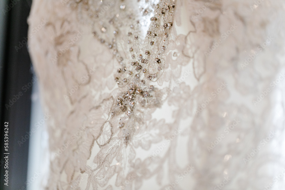 Detail eins Brautkleids mit Spitze und Glitzersteinchen Detail eins Brautkleids mit Spitze und Glitzersteinchen