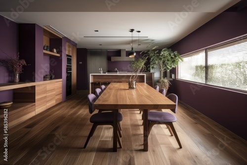 Purple toned Japanese hardwood dining and kitchen. Island, table, seats, parquet floor. Minimalist interiors. Generative AI