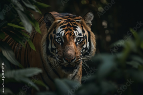 Dangerous tiger in jungle. Striped predator, wild animal in forest looking at camera. Generative AI